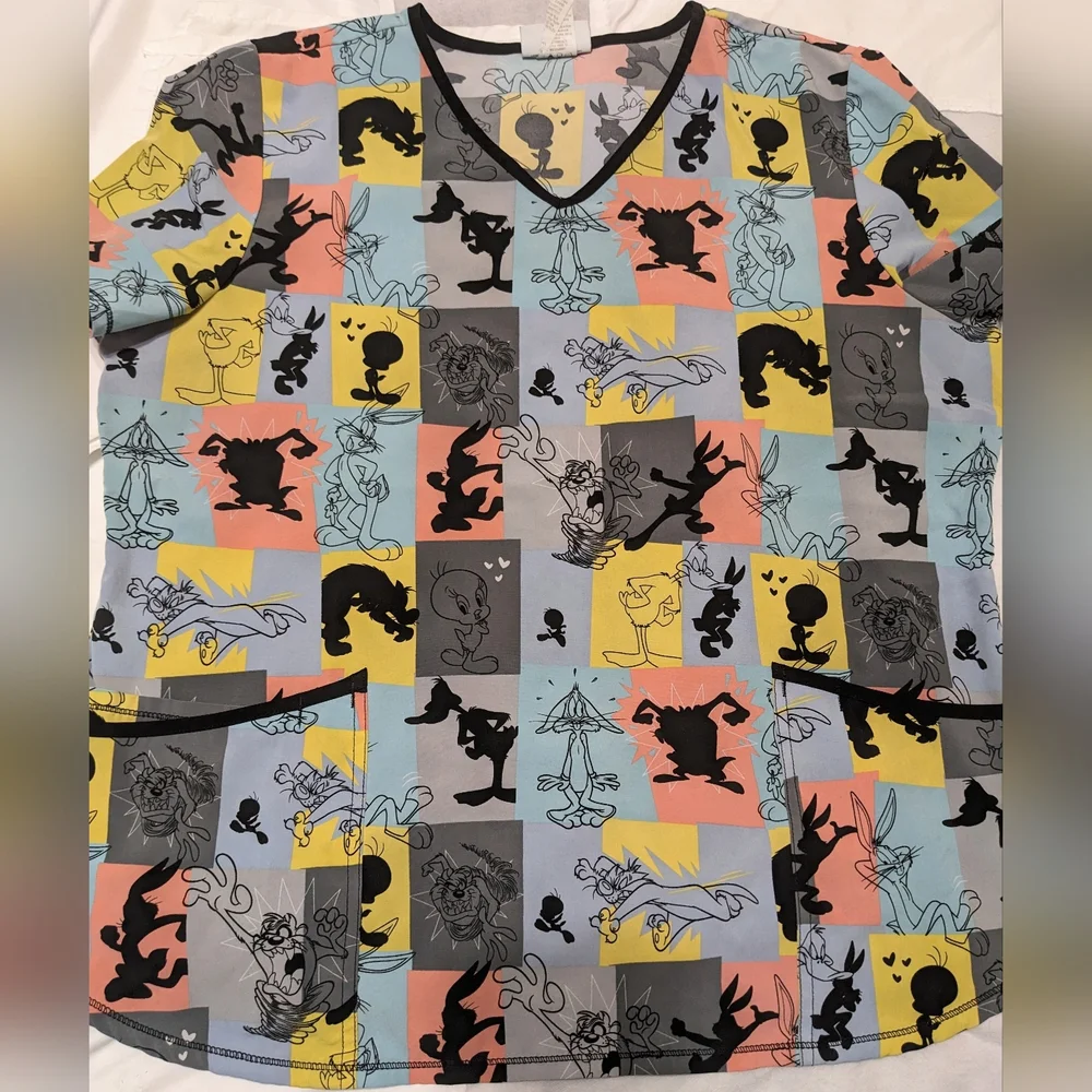 Looney Tune Characters Colorblock V-Neck Scrub Top - Picture 2 of 10